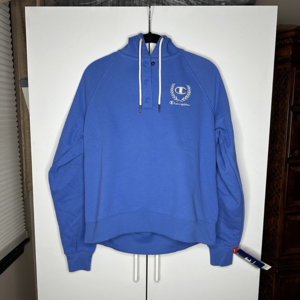 Champion Women's Warm Blueberry Campus Fleece Snap Laurel Script Hoodie Size Med